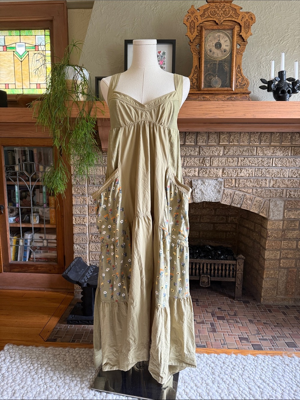 Daily Practice Olive Green Dress with Floral Pocket Panels